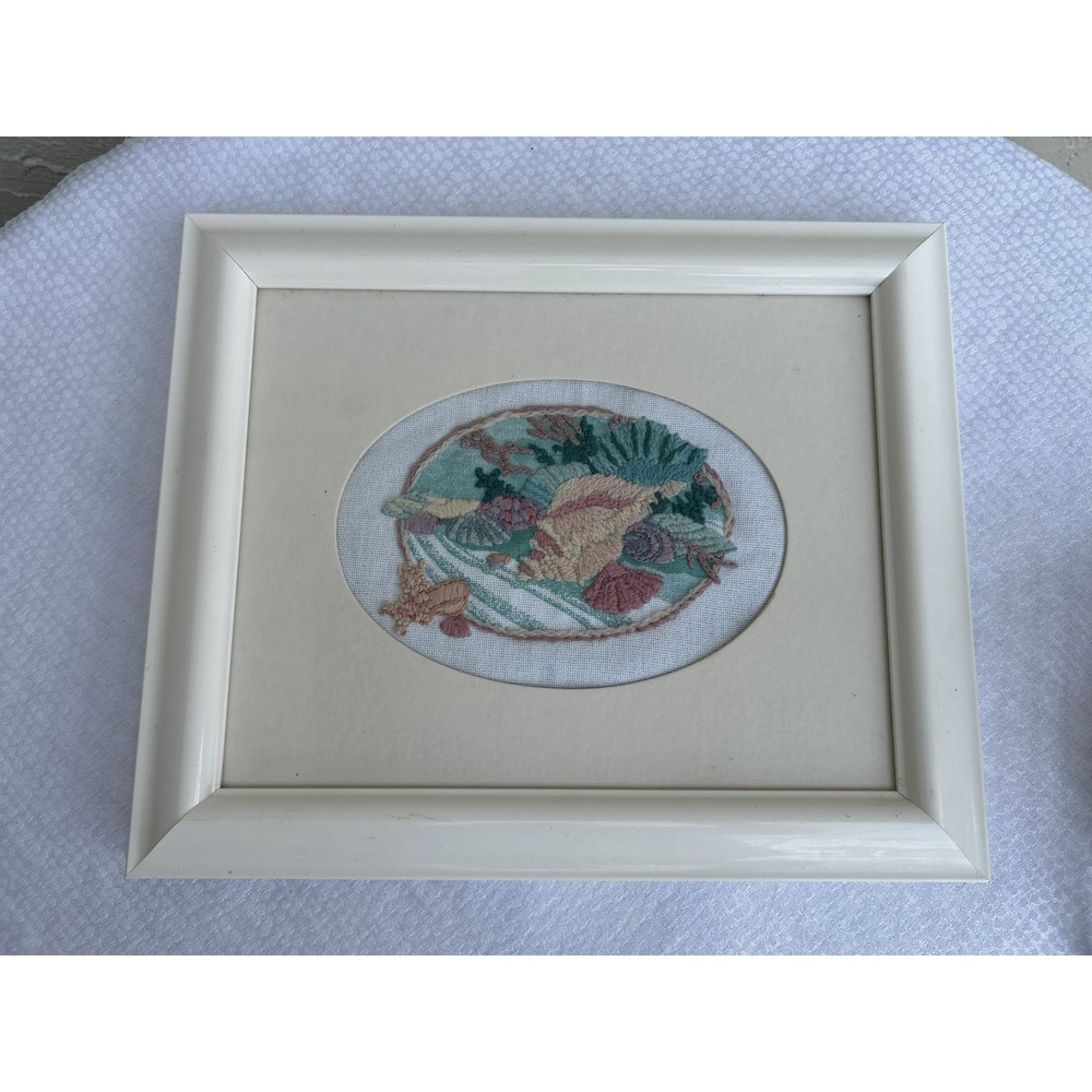 Vintage Seashell Needlepoint Framed Wall Art Coastal Beach House Decor 8x10